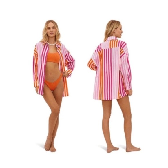 Beach Riot Tops - Beach Riot Alexa Sunset‎ Stripe Button Down Swim Cover-Up Shirt Large Petite